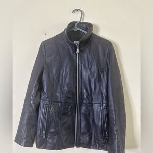 Calvin Klein Black Leather Jacket with Stand-Up Collar S